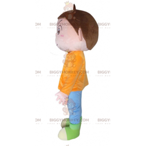 Traje de mascote Chestnut Boy BIGGYMONKEY™ com roupa laranja