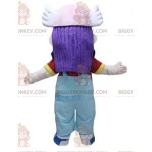 BIGGYMONKEY™ Mascot Costume Purple Hair Girl In Overalls -