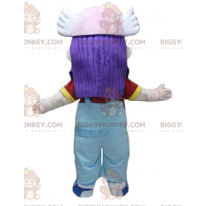 BIGGYMONKEY™ mascottekostuum paars haar meisje in overall -
