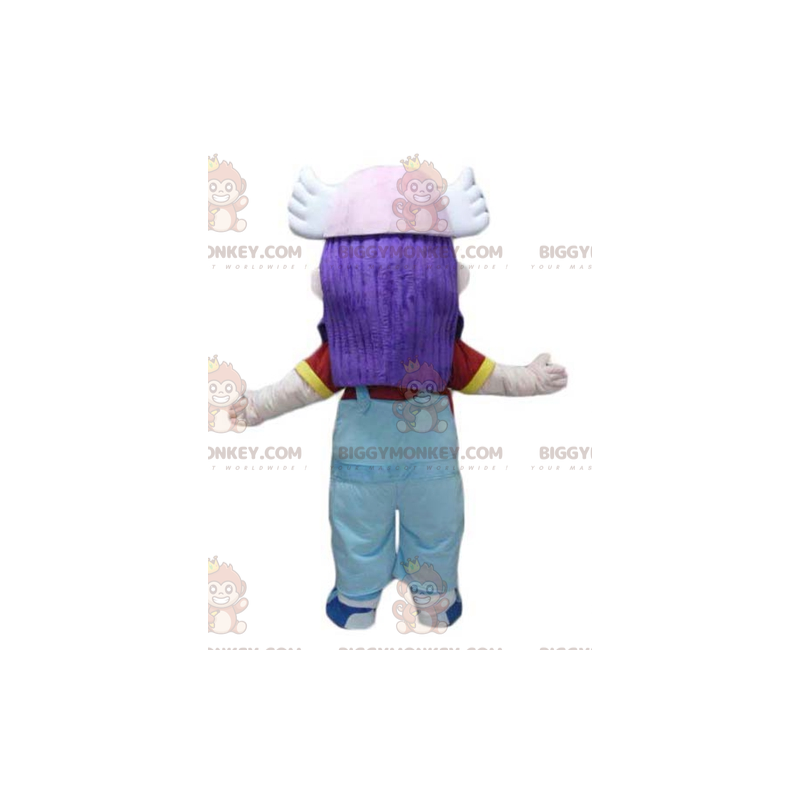 BIGGYMONKEY™ Mascot Costume Purple Hair Girl In Overalls –