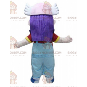 BIGGYMONKEY™ Mascot Costume Purple Hair Girl In Overalls -