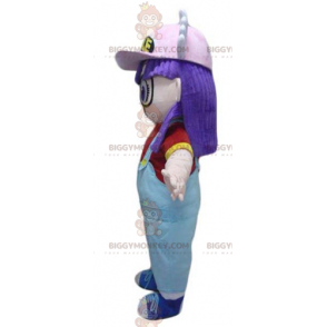 BIGGYMONKEY™ Mascot Costume Purple Hair Girl In Overalls –