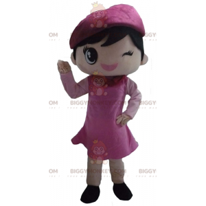 BIGGYMONKEY™ maskotdräkt Flirtig flicka klädd i rosa klänning -