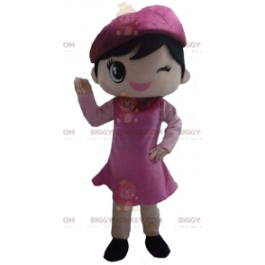 BIGGYMONKEY™ Mascot Costume Flirty Girl Dressed in Pink Dress –