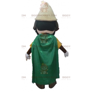 Mascote Knight BIGGYMONKEY™ com roupa amarela e capa verde –