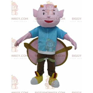 BIGGYMONKEY™ mascottekostuum roze kabouter met hoorns en grote