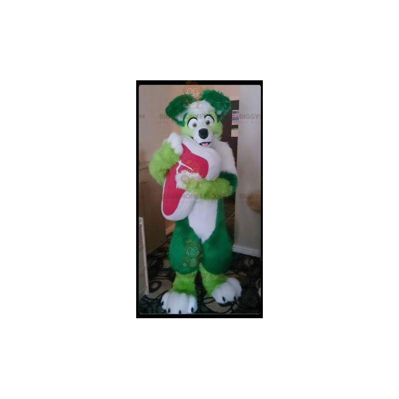 Κοστούμι μασκότ με τρίχινο πράσινο και λευκό σκύλο BIGGYMONKEY™