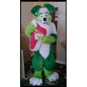 Helt hårig grön och vit hund BIGGYMONKEY™ maskotdräkt -