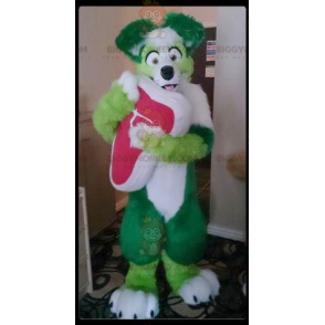 Traje de mascote BIGGYMONKEY™ de cachorro verde e branco todo