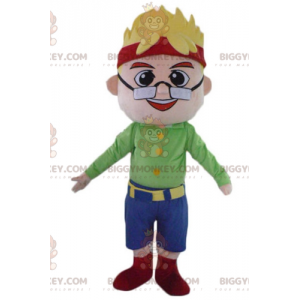 Blonde jongen man BIGGYMONKEY™ mascottekostuum met bril en