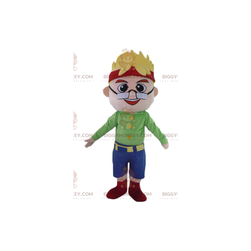 Traje de mascote Blonde Boy Man BIGGYMONKEY™ com óculos e faixa