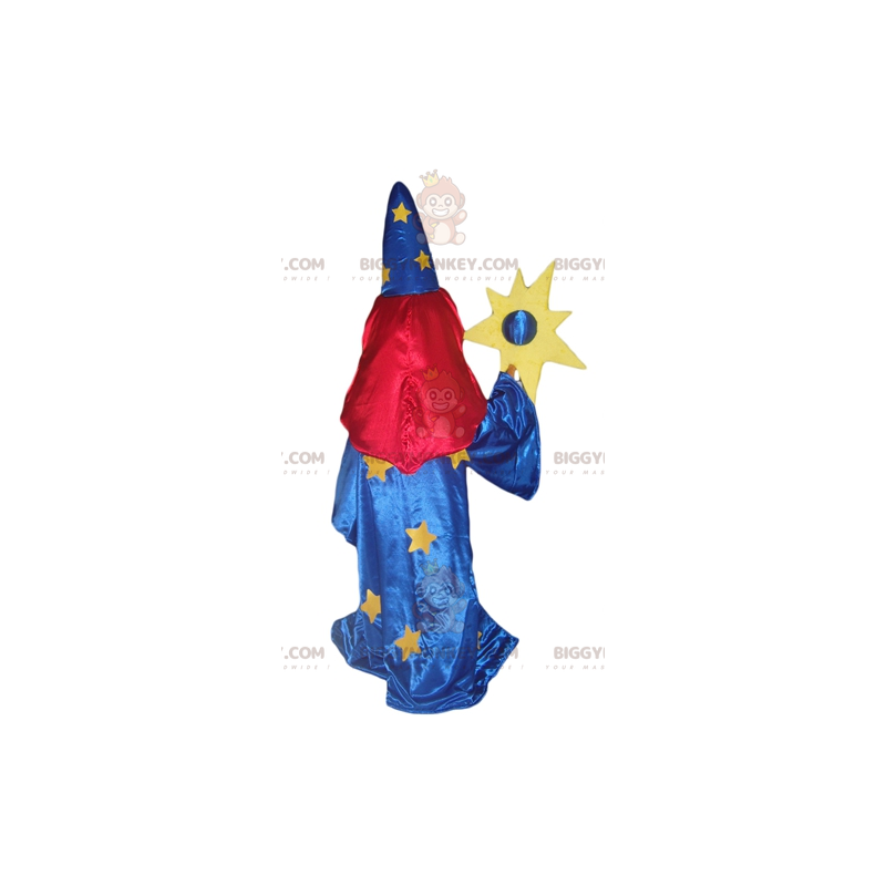 Traje de mascote BIGGYMONKEY™ de bruxa em vestido azul com véu