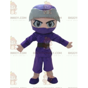 Mascote Boy Ninja BIGGYMONKEY™ em traje roxo e cinza –
