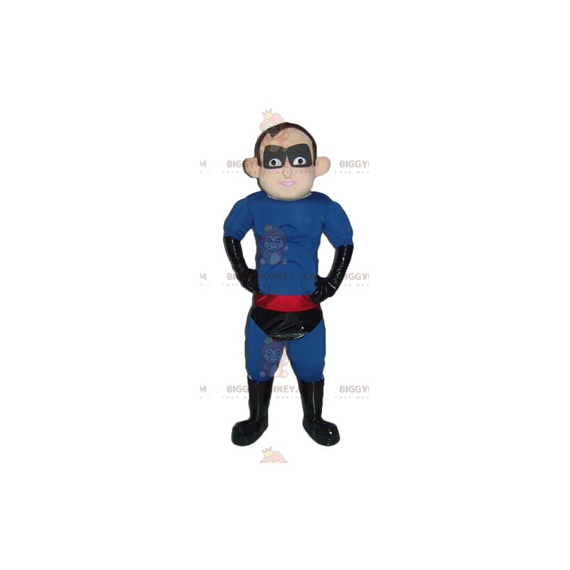 Traje de mascote de super-herói BIGGYMONKEY™ Roupa azul preta