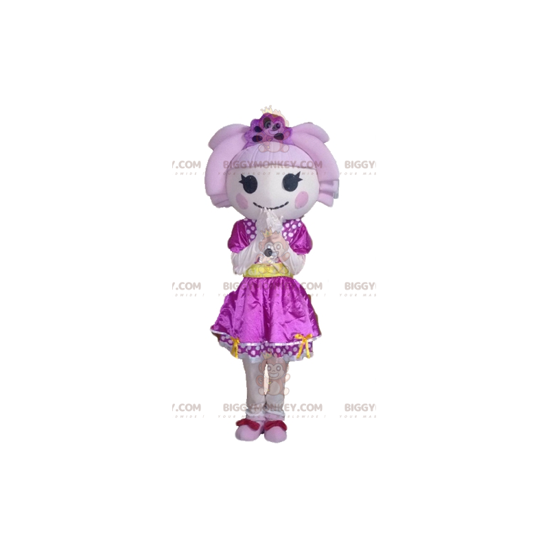 Tytön BIGGYMONKEY™ maskottiasu hiuksilla ja violetilla mekolla