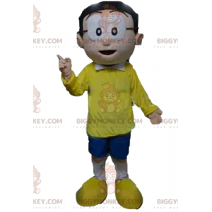 Pánský kostým maskota BIGGYMONKEY™ s brýlemi a žlutým a modrým