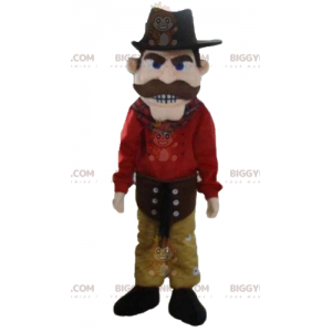 Traje de mascote Cowboy BIGGYMONKEY™ vestido de vermelho e