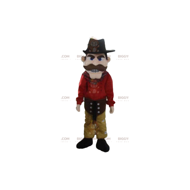 Cowboy BIGGYMONKEY™ mascottekostuum gekleed in rood en geel met