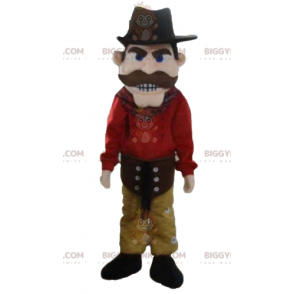 Cowboy BIGGYMONKEY™ maskotkostume klædt i rødt og gult med hat