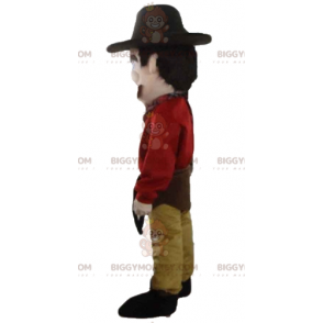 Cowboy BIGGYMONKEY™ maskotdräkt klädd i rött och gult med hatt