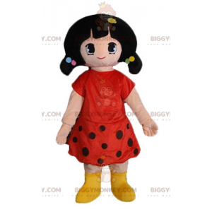 BIGGYMONKEY™ maskotdräkt av brun flicka klädd i röd prickig