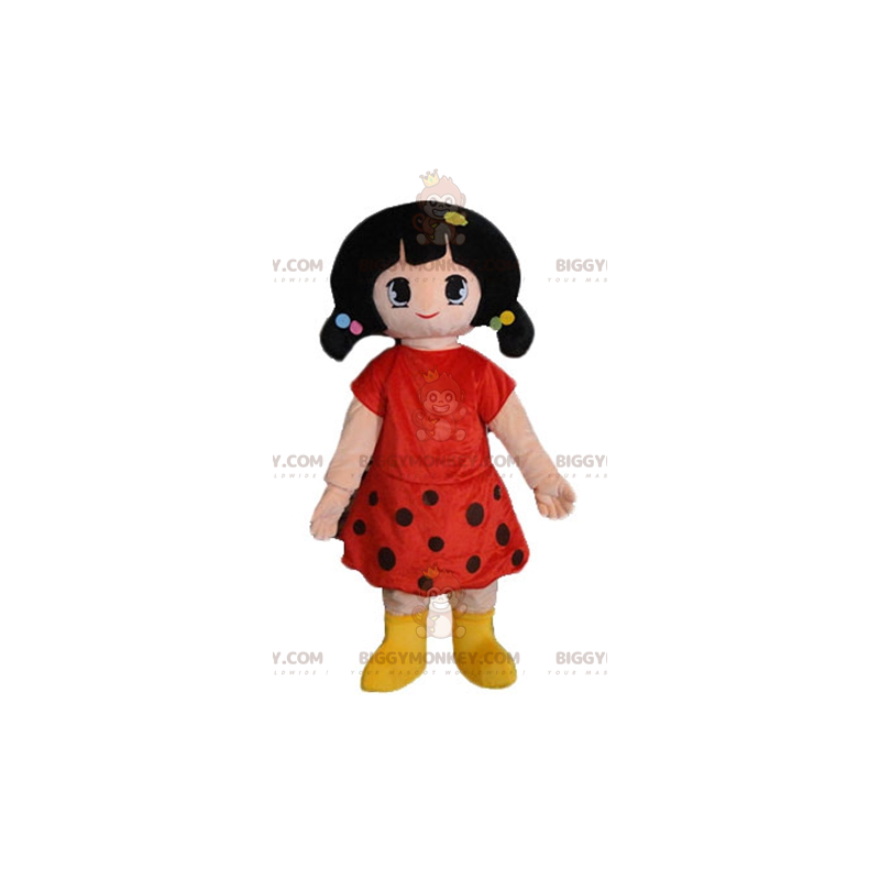 BIGGYMONKEY™ maskotkostume af brun pige klædt i rød prikket