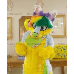 Disfraz de mascota de gato peludo amarillo, verde y morado