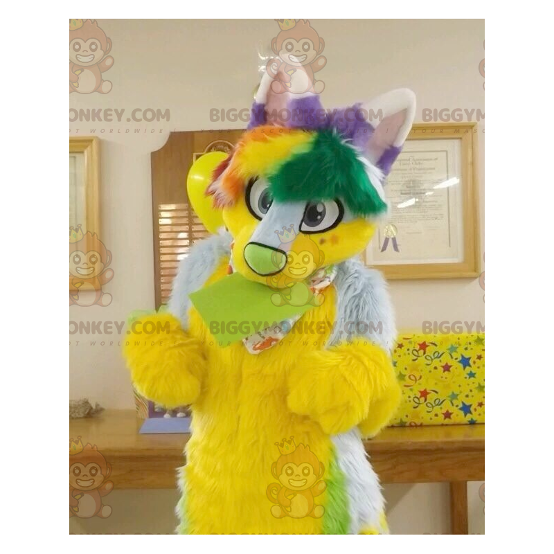 Costume de mascotte BIGGYMONKEY™ de chat poilu jaune vert et