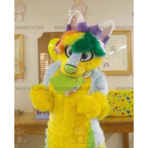 Disfraz de mascota de gato peludo amarillo, verde y morado