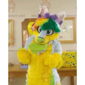 Traje de mascote de gato peludo verde amarelo e roxo