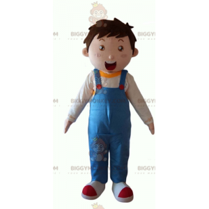 Little Boy BIGGYMONKEY™ Mascot Costume Wearing Blue Overalls -