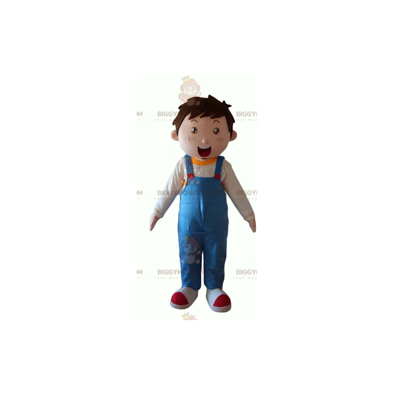Little Boy BIGGYMONKEY™ Mascot Costume Wearing Blue Overalls -