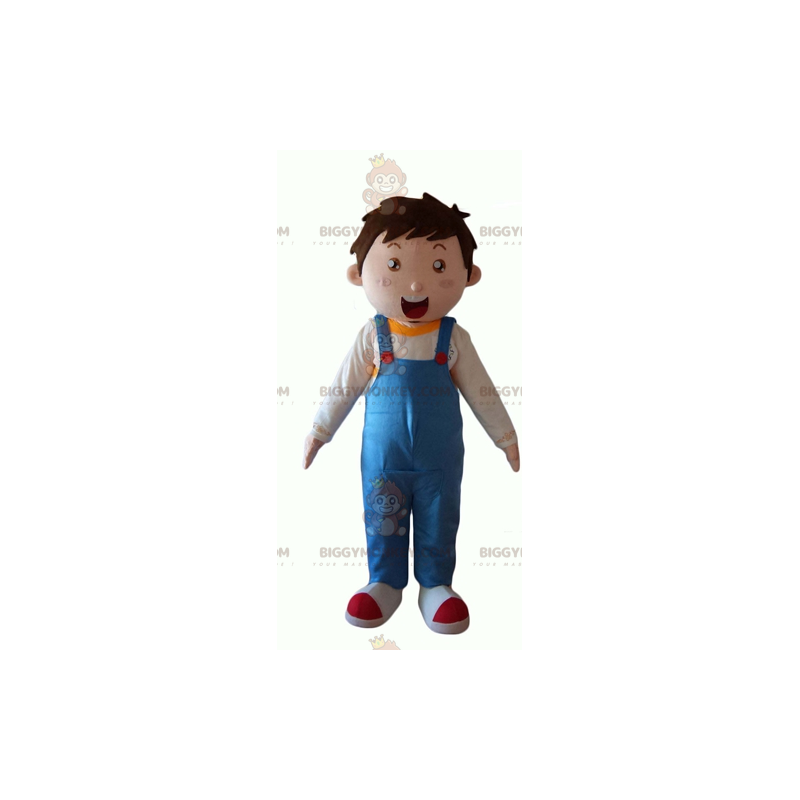 Little Boy BIGGYMONKEY™ Maskottchenkostüm mit blauen Overalls -