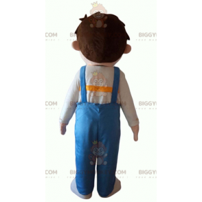 Little Boy BIGGYMONKEY™ Mascot Costume Wearing Blue Overalls -
