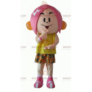 Dívčí kostým s růžovými vlasy BIGGYMONKEY™ maskot s květinovým
