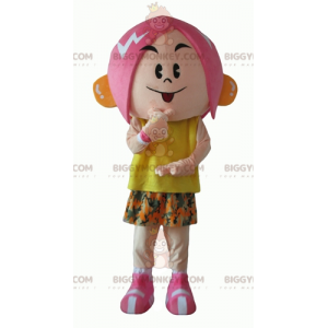 Pink Hair Girl BIGGYMONKEY™ Mascot Costume With Flower Outfit -