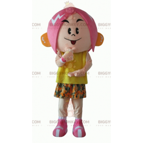 Rosa hår flicka BIGGYMONKEY™ maskotdräkt med blomoutfit -