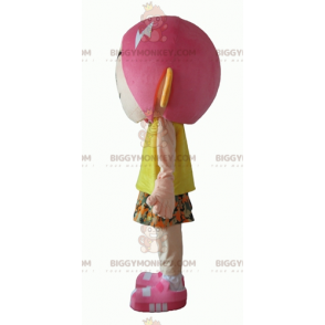 Pink Hair Girl BIGGYMONKEY™ Mascot Costume With Flower Outfit -