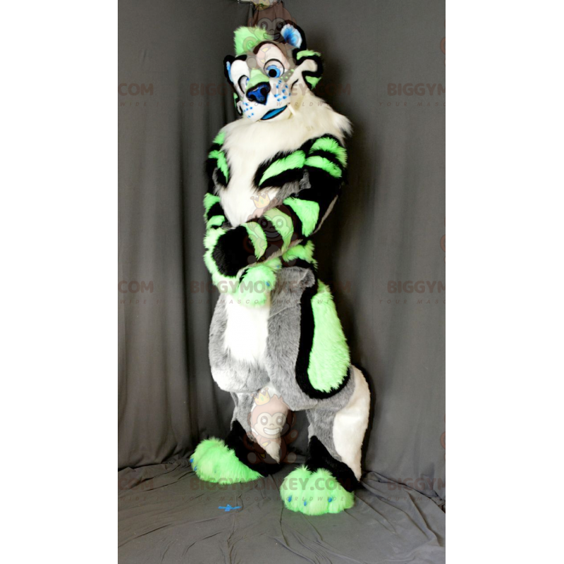 Costume de mascotte BIGGYMONKEY™ de beau tigre vert gris et