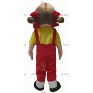 Pige BIGGYMONKEY™ maskotkostume i røde overalls med gul T-shirt