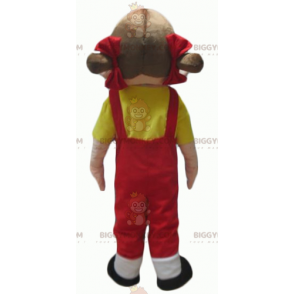 Pige BIGGYMONKEY™ maskotkostume i røde overalls med gul T-shirt