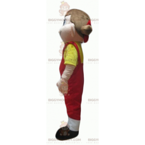 Girl BIGGYMONKEY™ Mascot Costume in Red Overalls with Yellow
