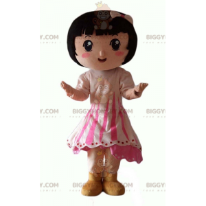 Στολή μασκότ Little Brown Girl BIGGYMONKEY™ με ροζ φόρεμα -