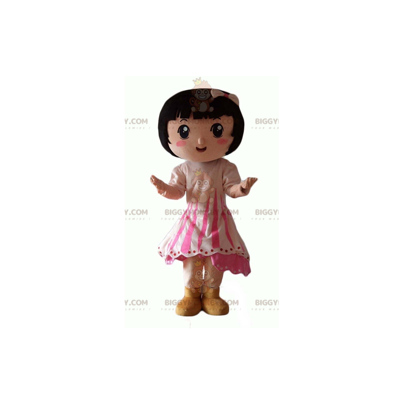 Liten brun flicka BIGGYMONKEY™ maskotdräkt med rosa klänning -
