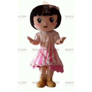 Lille brun pige BIGGYMONKEY™ maskotkostume med lyserød kjole -