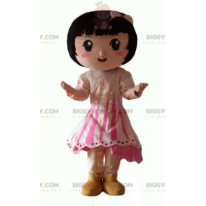 Little Brown Girl BIGGYMONKEY™ Mascot Costume With Pink Dress –