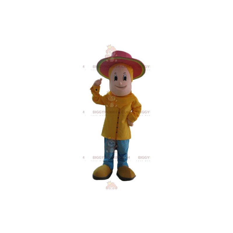 Boy BIGGYMONKEY™ Mascot Costume Dressed In Yellow With Pink Hat