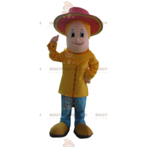 Boy BIGGYMONKEY™ Mascot Costume Dressed In Yellow With Pink Hat