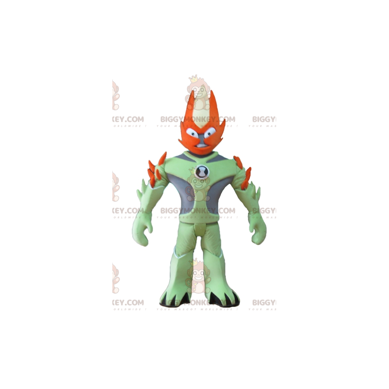 Traje de mascote de personagem de fantasia verde e laranja