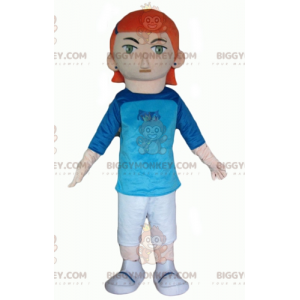 Fato de mascote ruiva BIGGYMONKEY™ com roupa branca e azul –